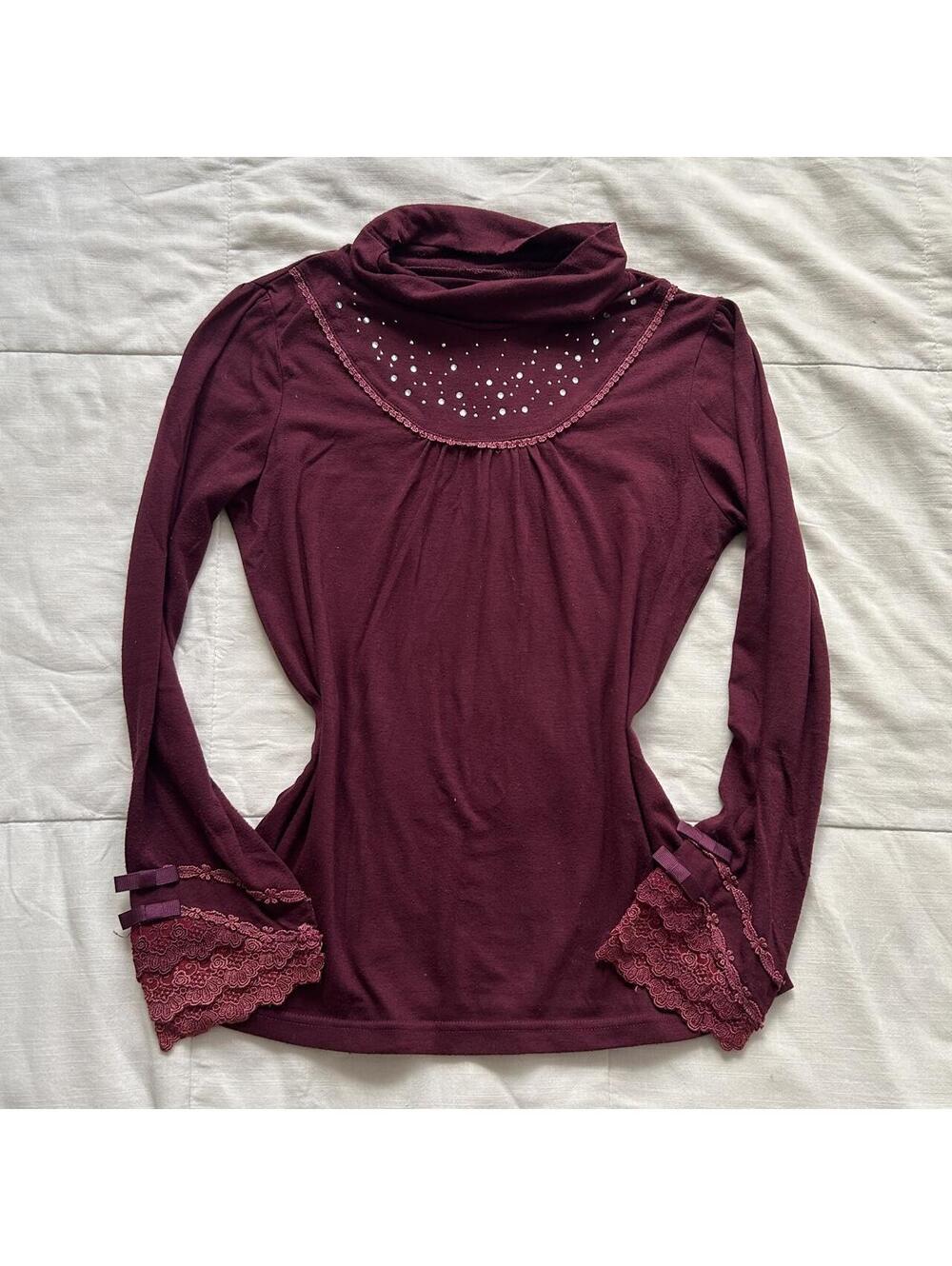 Axes Femme Burgundy Turtleneck Rhinestone Lace Cuff Bow Top Medium Japan